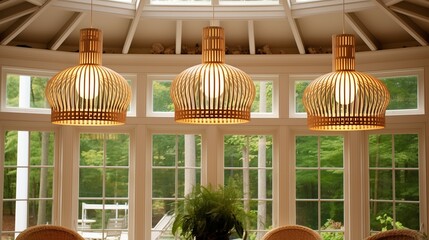 Sunroom with unique handcrafted light fixtures and lamps.