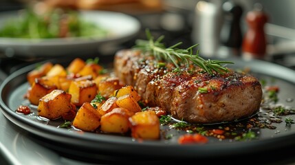 closeup shot of a delicious dish featuring meat and potatoes on a table. The meal with fines herbes, highlighting the fresh produce and ingredients used in the cuisine - obrazy, fototapety, plakaty