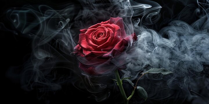 Red rose in a swirl of smoke on a black background, wallpaper, symbol.