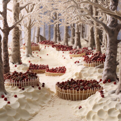Whimsical winter wonderland scene with snow-covered trees and baskets of red berries.