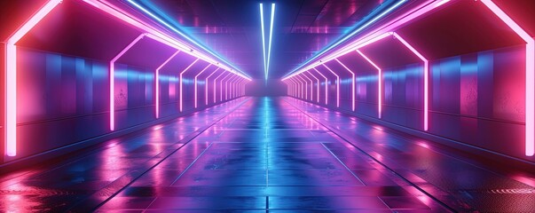 abstract background of futuristic corridor with purple and blue neon lights