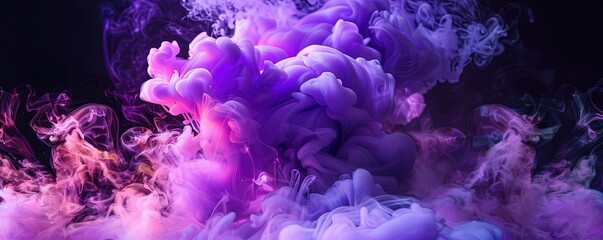abstract purple and violet fluffy pastel ink smoke cloud against black background