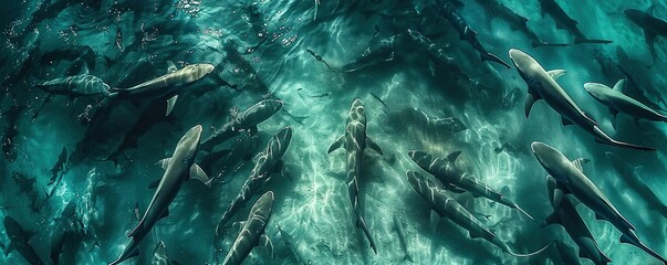 Aerial view of a dense swarm of spinner sharks in the Atlantic Ocean