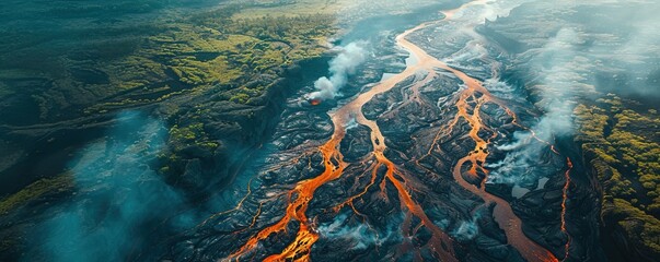 Aerial view of with volcanic river stream