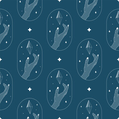 Crystal magic minimalistic seamless pattern. Creative abstract artwork. Modern vector illustration. Transparent line art gem with stars. Minimalistic sticker design for web.