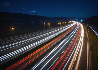 Fototapeta na wymiar street in night time. Motion blur, light trails. Transportation, logistic. Timelapse