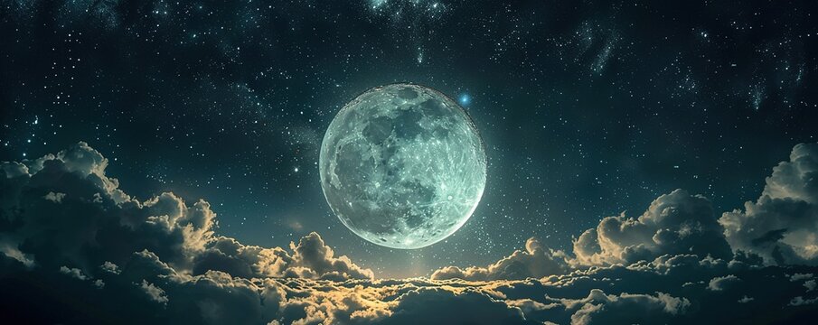 Amazing scenery of white glowing moon with craters in black sky with clouds at night