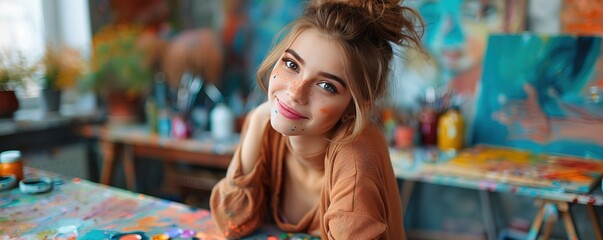 Beautiful girl painting heart at home