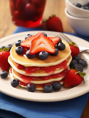 Still life of a plate of pancakes with strawberries and blueberries