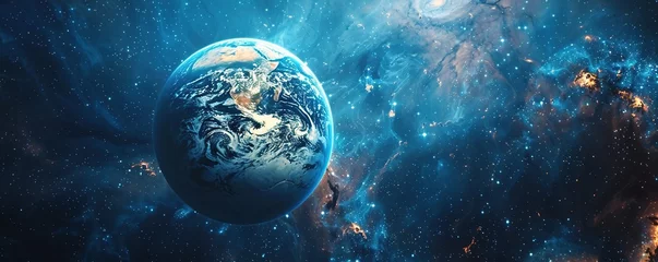 Fototapeten Cinematic scene of planet earth globe on starry space background. © Svitlana