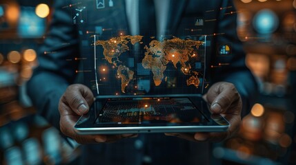 a man in a suit with a tablet holding a world map - obrazy, fototapety, plakaty