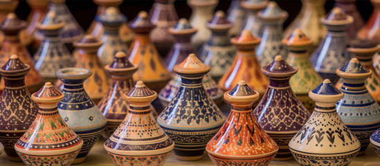 Colorful and intricate hand painted ceramic pots with lids in a Moroccan market stall