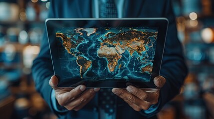 a man in a suit with a tablet holding a world map - obrazy, fototapety, plakaty