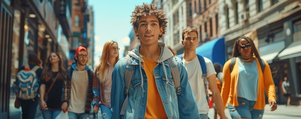 Diverse and mixed group of young people walking on a sidewalk in the city - obrazy, fototapety, plakaty