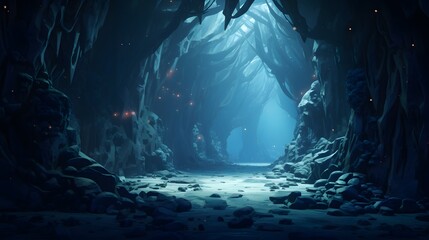 A surreal underwater cavern adorned with bioluminescent crystals and mysterious aquatic life.