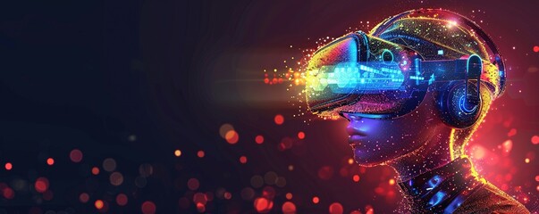 fantasy illustration of headshot of cyborg character of glowing neon colors dots in virtual reality headset on dark background