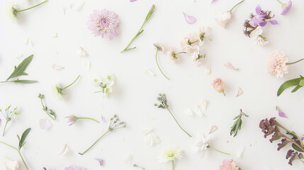 Small leaves and flowers on a white background
