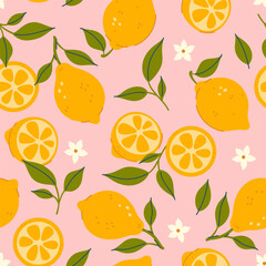 Simple seamless pattern with lemons on a pink background. Vector graphics.