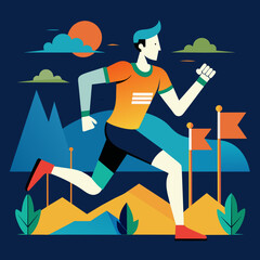 A man with full of energy running through mountain view in a running competition. Vector
