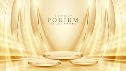 Elegant Golden Podiums with Shimmering Curtain Background. Perfect backdrop for high-end product displays and award ceremonies. Vector illustration.