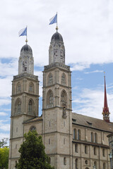 Zurich, Switzerland. View of the historic city center with famous Grossmunster Cathedral.