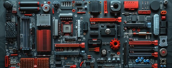 PC hardware components, various tools and wires. - obrazy, fototapety, plakaty