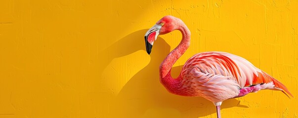 Pink flamingo in yellow background - obrazy, fototapety, plakaty