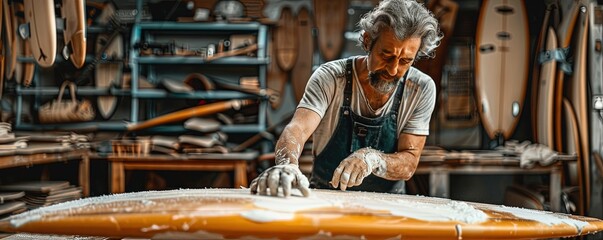 Professional master polishing surfboard in workshop