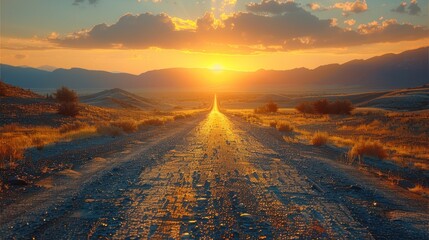 Road in the steppe at sunset. Landscape with a road at sunset. - obrazy, fototapety, plakaty