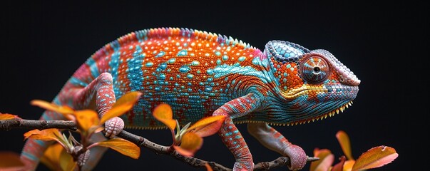 Obraz premium realistic multicolored chameleon with iridescent skin in speckles sitting on branch of a bush over black background