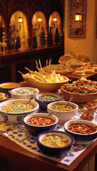 Fototapeta premium Still life of a lavish buffet with soups, salads, and desserts in a middle eastern restaurant.