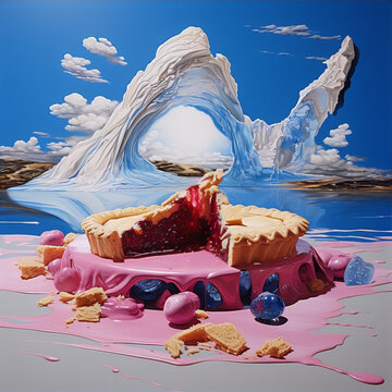 An image of a pie on a table with an iceberg in the background. The painting is in a surrealist style and the colors are pink, blue, and white.