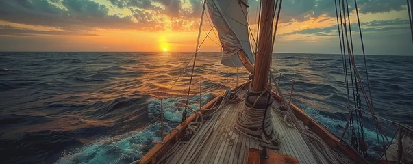 Rolgordijnen scenic view of sailboat with wooden deck and mast with rope floating on rippling dark sea against cloudy sunset sky © Svitlana