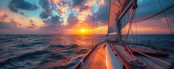Foto op Plexiglas scenic view of sailboat with wooden deck and mast with rope floating on rippling dark sea against cloudy sunset sky © Svitlana