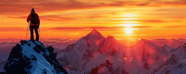 Foto op Plexiglas Silhouette of a man on top of a mountain peak © Svitlana