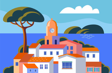 mediterranean town view color vector illustration - 761451597