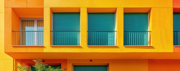stylish yellow and orange building facade with green window shades