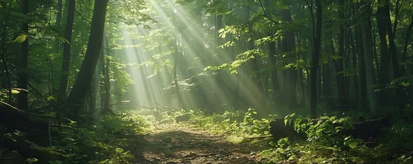 Rolgordijnen Sunlight filtering through a dense woodland trail © Svitlana