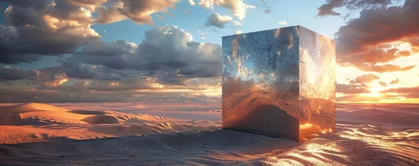 Tuinposter Surreal landscape with a metal cube in the desert © Svitlana