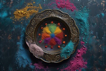Happy Holi Festival Banner, Top View of a Large Plate Full of Different Pigment Powder.
