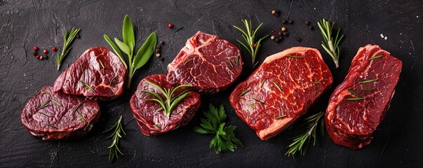Variety of fresh Black Angus Prime raw beef steaks