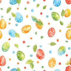 Watercolor floral seamless pattern with eggs, leaves and flowers on white background. Happy Easter. Festive spring background for print, paper, card, banner, wallpaper