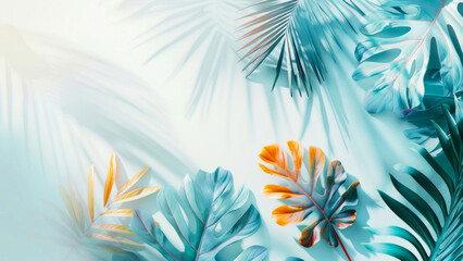 Tropical leaves in pastel blue and orange hues cast soft shadows on a light background with empty copy space for text. Monstera palm leaf summer overhead backdrop