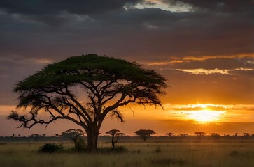 Landscape of sunrise over the savanna and grass fields in National Park Africa