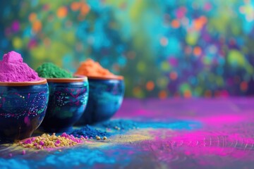 Different Pigment Powder Bowls Collection for Holi Celebration, three bowls. - obrazy, fototapety, plakaty