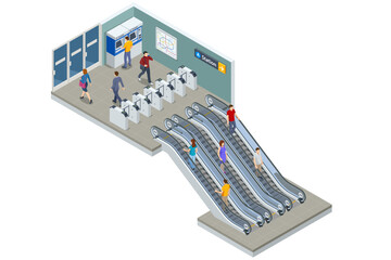 Isometric People stand on the escalator in the subway. High speed train. Included underground train, station. Subway station, railway rapid transit system, metro platform.