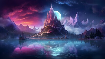 Enchanted floating islands bathed in a neon aurora with creatures riding luminescent waves, casting vibrant reflections on the dreamy water. - 761452551