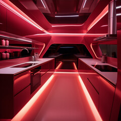 Futuristic red spaceship galley kitchen interior concept, 3d illustration