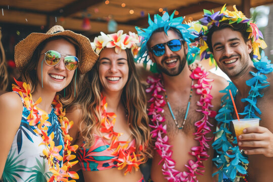 Group of friends having Hawaiian party on summer vacation. People fun travel concept