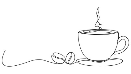 Cup with coffee beans continuous line drawn. Vector illustration isolated on white background.